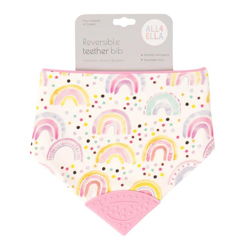 The All4Ella Bandana Bib With Silicone Watercolour Rainbow is a 100% cotton reversible teether bib with colorful rainbow and dot designs and a pink silicone teether, ideal for babies aged 4 months to 3 years. Packaging features the All4Ella brand.
