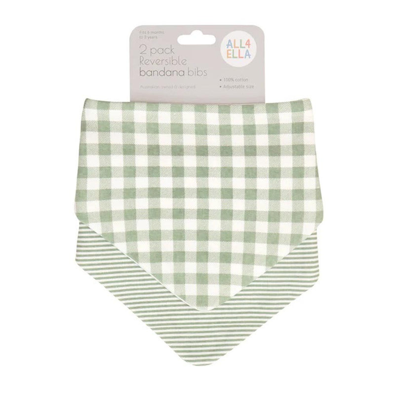 The All4Ella Bandana Bibs 2Pk Gingham Sage includes two soft, stylish 100% cotton bibs in green and white gingham and striped designs. Reversible for versatility, they’re practical for daily use.