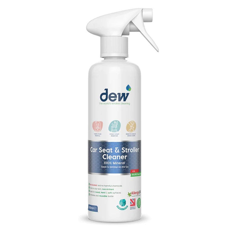 A white spray bottle labeled "Dew Car Seat & Stroller Cleaner 500ml" by Dew. The label promotes this antibacterial, natural, and allergy-friendly baby-safe cleanser, with icons and certifications shown on the front.