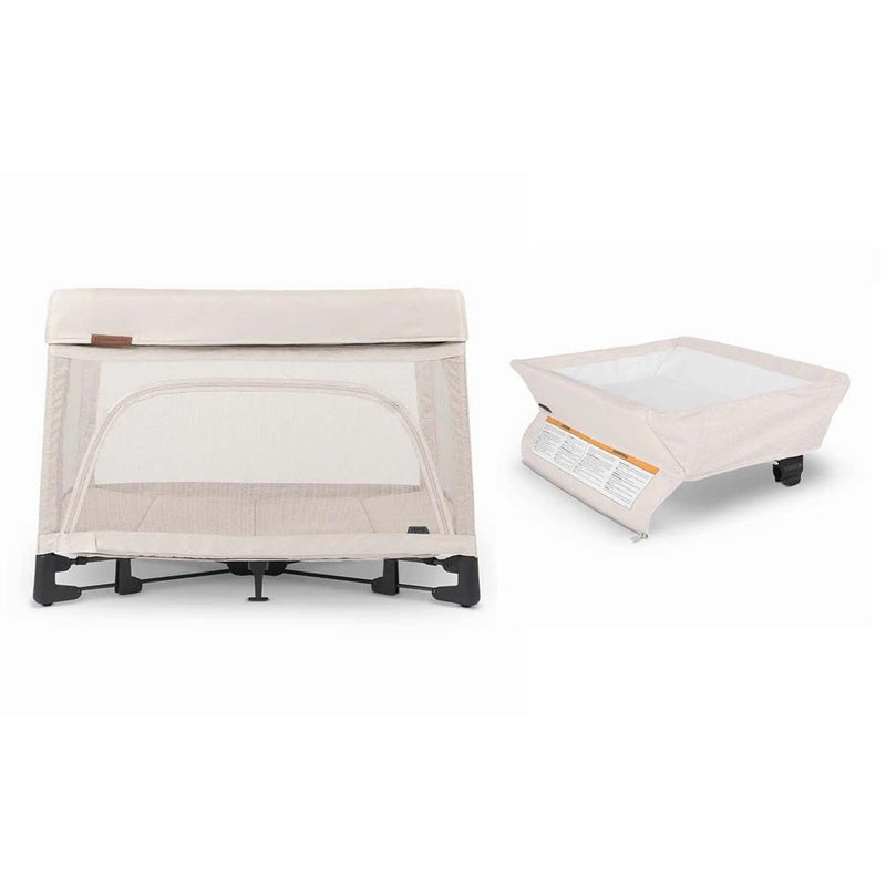 The UPPAbaby Remi Travel Cot + Portable Change Station by UPPAbaby is shown in beige, assembled on the left and folded flat on the right. Features include mesh sides, a solid base, black legs, and versatile use as a change station.