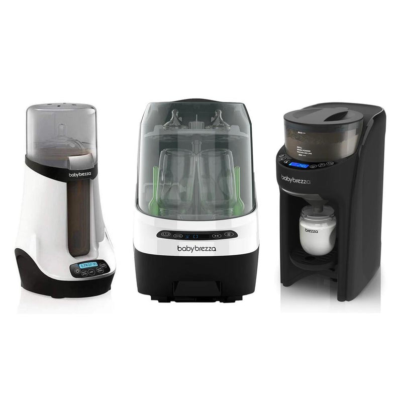 The Baby Brezza Formula Pro Bundle, featuring a bottle sanitizer, bottle sterilizer, and formula dispenser—all in sleek white and black designs—is displayed side by side.
