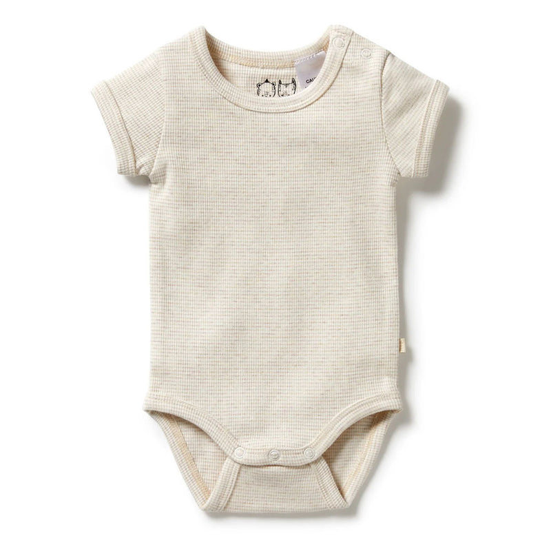 The Wilson & Frenchy Organic Stripe Rib Bodysuit in Oatmeal is a short-sleeved, beige baby bodysuit with a subtle ribbed pattern and snap buttons at the bottom and shoulder, shown flat on a white background.