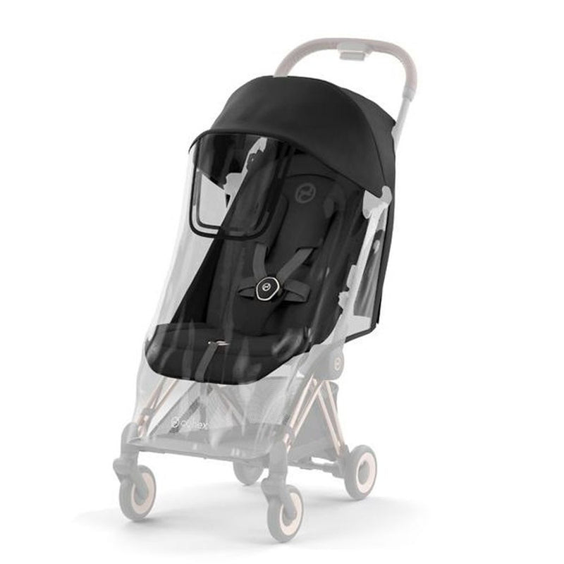 The Cybex Coya Raincover fits the modern Cybex stroller, featuring a sleek black design, adjustable canopy, four small wheels, curved handlebar, and padded seat with harness—combining style with practical protection for your baby.