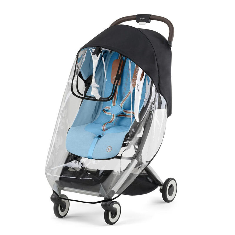 A Cybex Orfeo Raincover by Cybex is shown on a baby stroller over a white background, providing full seat and harness coverage to protect your child from the elements.