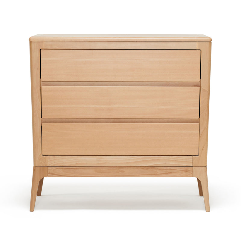 The BabyRest Amara Chest 3 Drawer by BabyRest features a natural timber finish, three wide flat-fronted drawers, and angled legs—stylish nursery furniture shown against a plain white background.