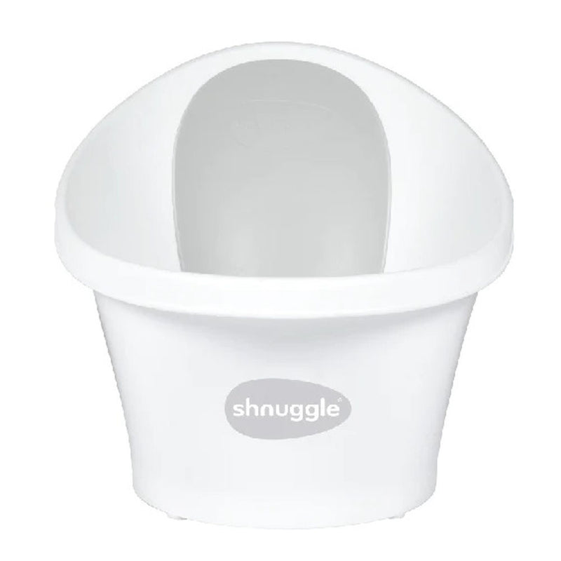 The Shnuggle Baby Bath With Plug White/Grey features a high backrest for newborn support, a wide rim, rounded shape, and displays the Shnuggle brand name on the front. It's often rated as the best baby bath for comfort.