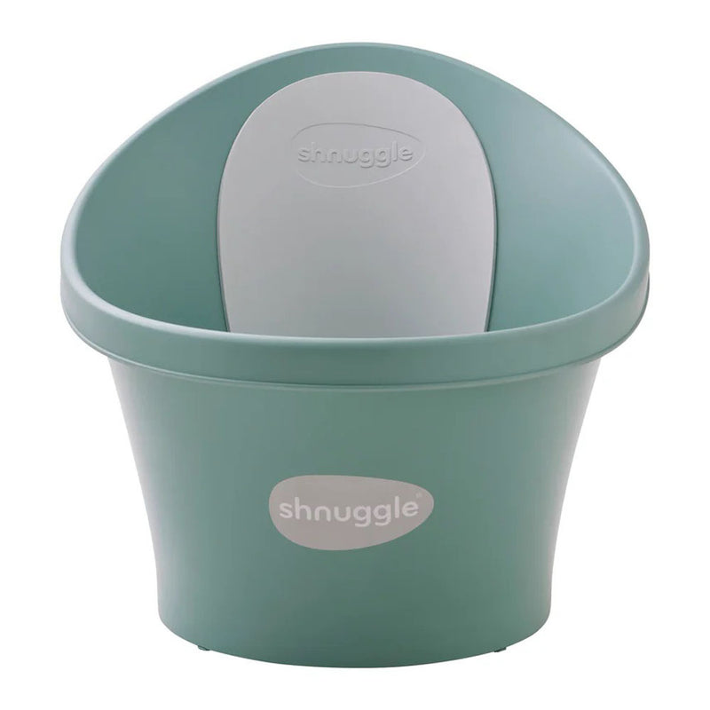 The Shnuggle Baby Bath With Plug Eucalyptus by Shnuggle features a high backrest, white cushioned support, and ergonomic rounded design for comfortable bathing—making it one of the best baby baths for your little one.