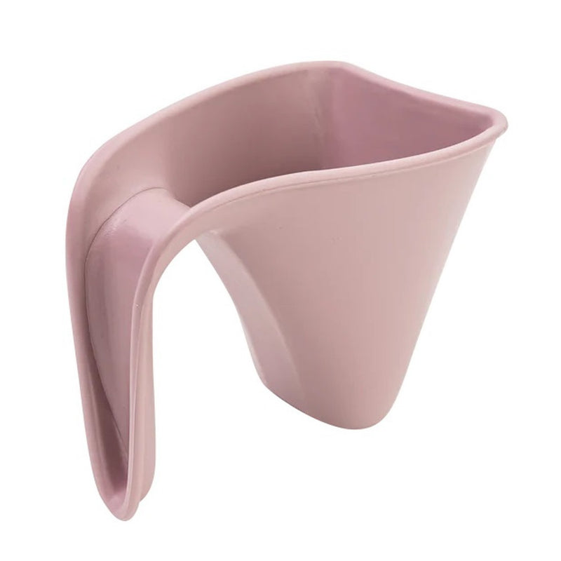 The Shnuggle Washy Bath Jug Blossom is a pink, funnel-shaped plastic jug with an ergonomic design, perfect for rinsing during baby baths or as a handy bath accessory while traveling.