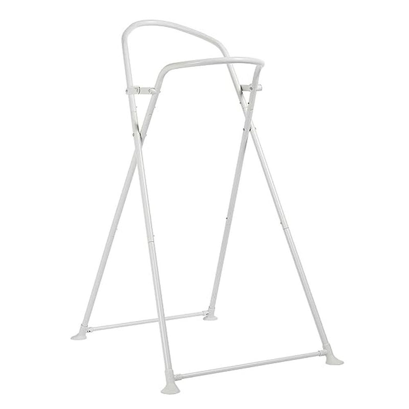 The Shnuggle Baby Bath Stand by Shnuggle is a white, foldable metal stand with four legs and two horizontal bars, perfect for supporting a baby bathtub and serving as an essential baby bathtime accessory.