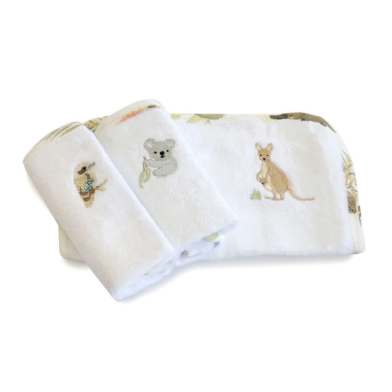 The Bubba Blue Aussie 3pk Wash Cloths by Bubba Blue includes three soft white baby face washers, each embroidered with a cute Aussie animal—koala, kangaroo, and platypus—neatly folded on a white background.