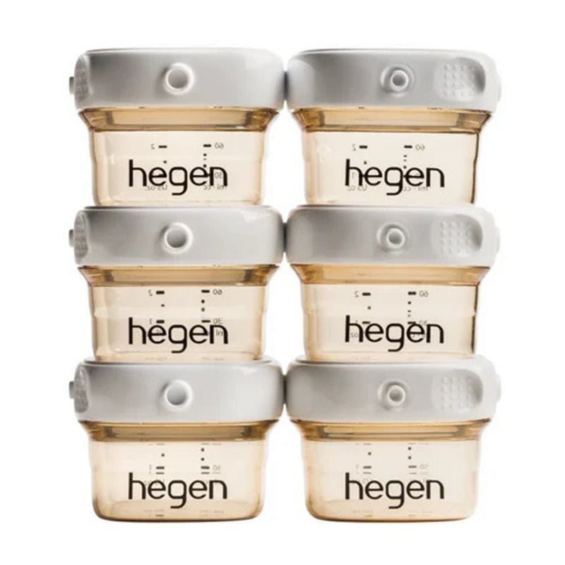 Six stackable Hegen PCTO 60ml Breast Milk Storage PPSU containers (6pk) with white lids are arranged in two columns and three rows. Each air-tight container has clear measurement markings for easy baby feeding and organization.