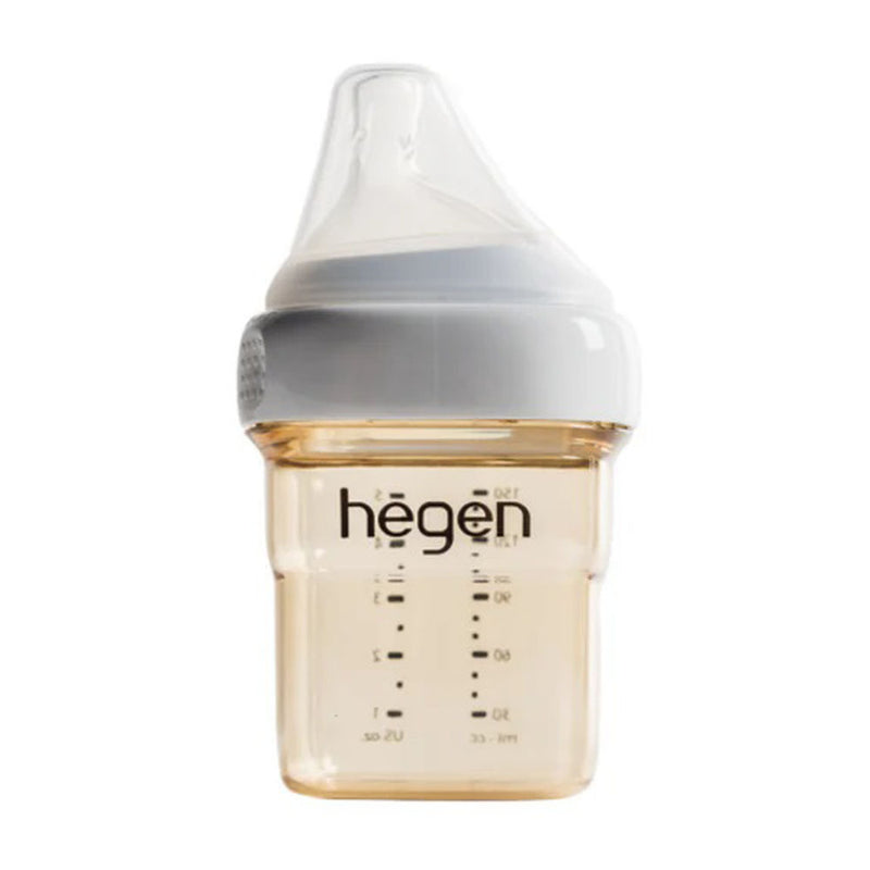 The Hegen PCTO 150ml Feeding Bottle PPSU is a clear, square bottle with a white lid, slow flow teat, silicone nipple, measurement markings, an anti-colic design, and “hegen” branding in black text on the side.