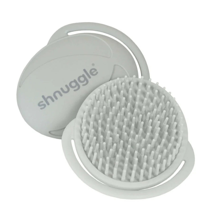 The Shnuggle Baby Bath Brush Grey features soft silicone bristles and a round handle, ideal for gently treating cradle cap. Both sides are shown; it's a thoughtful baby shower gift from Shnuggle.