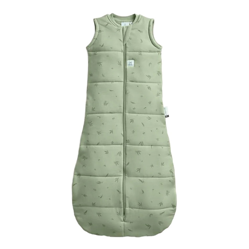 The ErgoPouch 2.5 Tog Jersey Sleeping Bag Willow is a light green, sleeveless organic sleeping bag for babies with a front zipper, subtle leaf patterns, and GOTS certified cotton for cozy warmth and comfort on cool nights.
