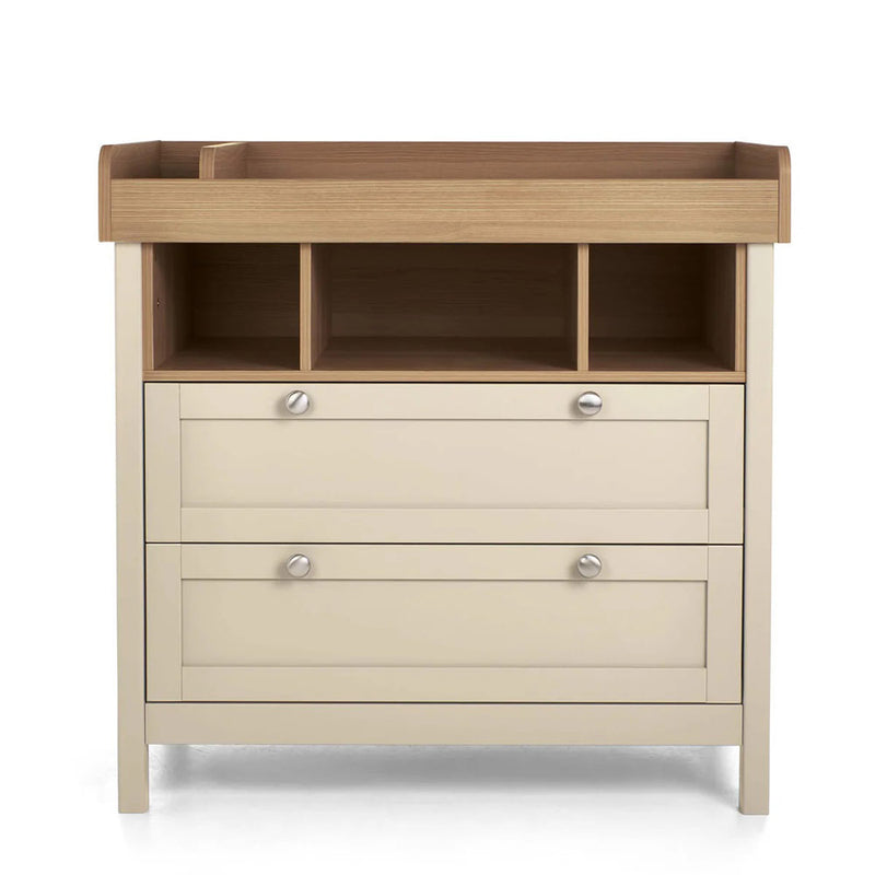 The Mamas & Papas Harwell Dresser & Change Table is a two-tone wooden nursery unit with a changing top, three adjustable compartments, and two drawers with round silver knobs, shown on a plain white background.