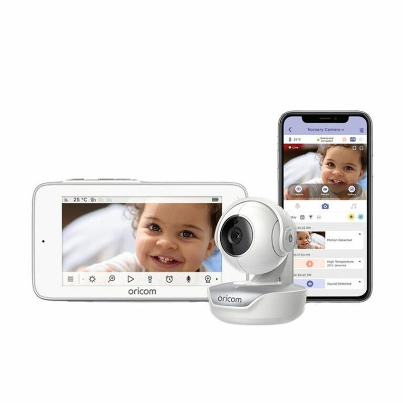 The Oricom Smart Touch Screen With Motorised Camera OBH36T displays a smiling baby on its HD touchscreen monitor, while the same live video feed appears on a smartphone via the Oricom app.