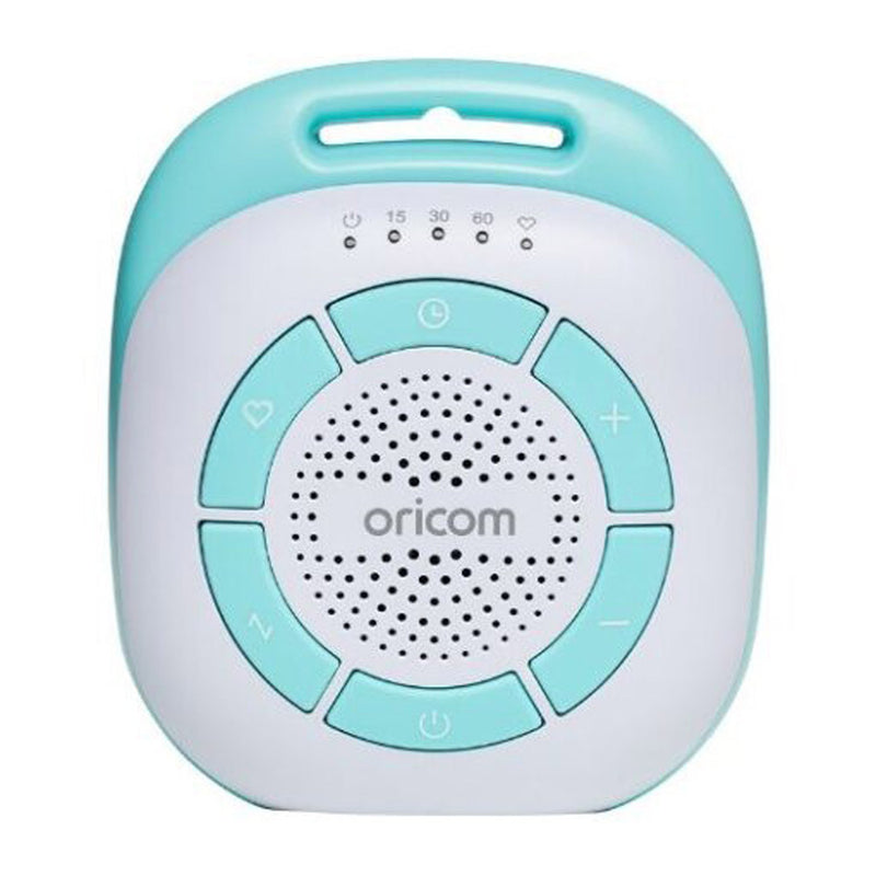 The Oricom Portable Sound Soother by Oricom features a white and light blue design, central speaker, circular control buttons, carrying handle, and visible timer settings and calming sound icons above the buttons.