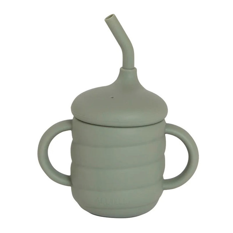 The All4Ella Silicone Sippy Cup With Straw in Olive is a spill-proof, sage green cup with two handles, a built-in angled straw, a matching lid, and a rounded ribbed design—ideal as a baby training cup for little hands.