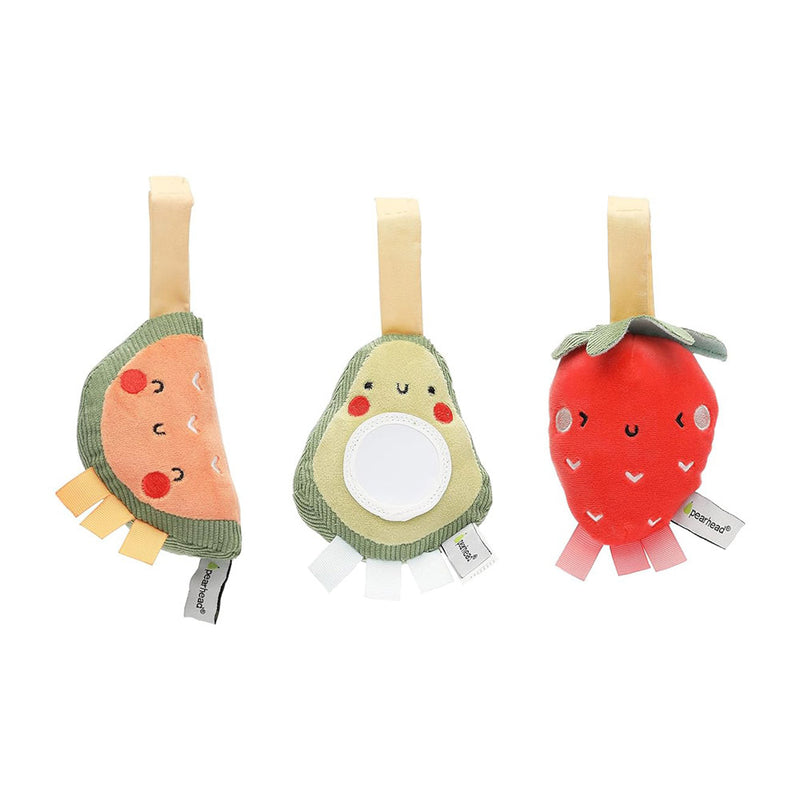 The Pearhead Stroller Toy Set Of 3 Fruit by Pearhead features plush watermelon, avocado, and strawberry toys with smiling faces, fabric hanging loops, and colorful tags—ideal stroller or car seat toys for on-the-go fun.