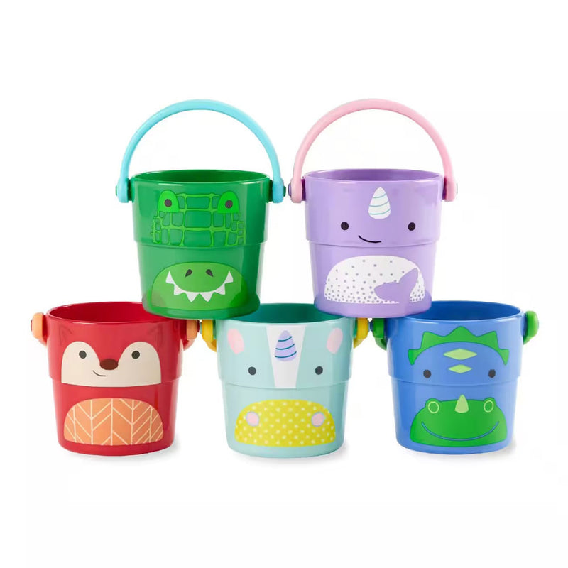 Skip Hop Zoo Bath Stack & Pour Buckets Mix by Skip Hop includes five colorful animal-face buckets—crocodile, narwhal, fox, elephant, and dinosaur—with bright handles. Fun cartoon designs make bath time extra fun for kids!.