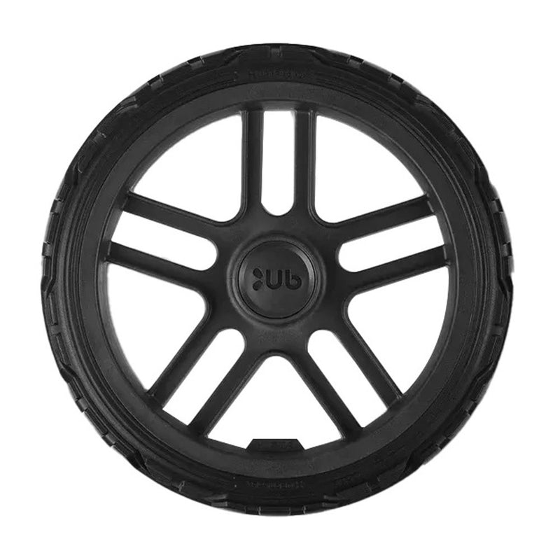 A side view of the UPPAbaby All Terrain Wheels for Vista shows their black rubber and plastic, multi-spoke, never-flat design. The product is by UPPAbaby and is photographed against a white background.
