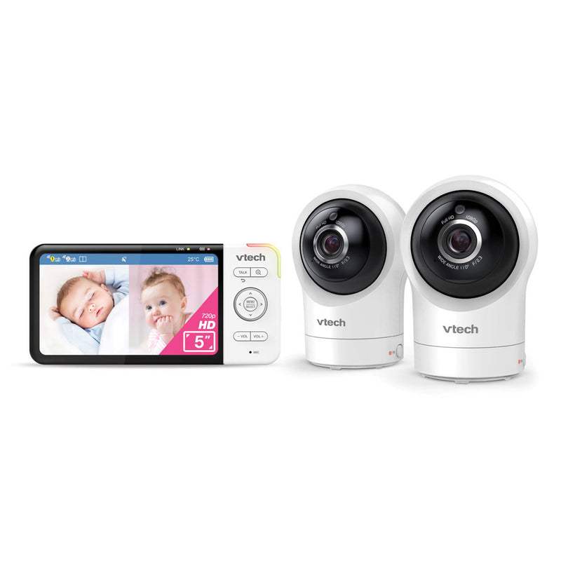 The VTech RM5764HDV2 2 Camera HD 5" Pan & Tilt Video Monitor with Remote Access features a handheld screen and two white HD camera units.