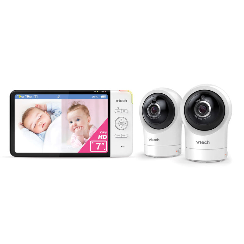 The Vtech RM7764HDV2 2 Camera HD 7" Pan & Tilt Video Monitor with Remote Access features a 7-inch display showing images of two babies, with two white cameras positioned next to the monitor.