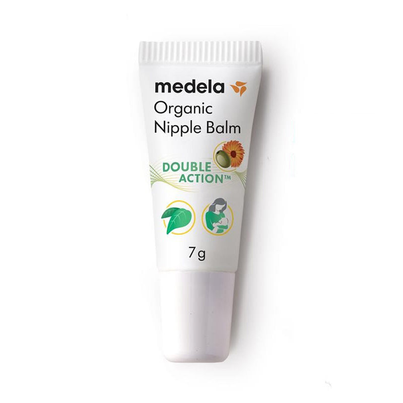 A 7g tube of Medela Organic Nipple Balm by Medela, featuring a white cap and a label with the Medela logo, sunflower image, and icons indicating it’s an organic balm for breastfeeding and sore nipple relief.