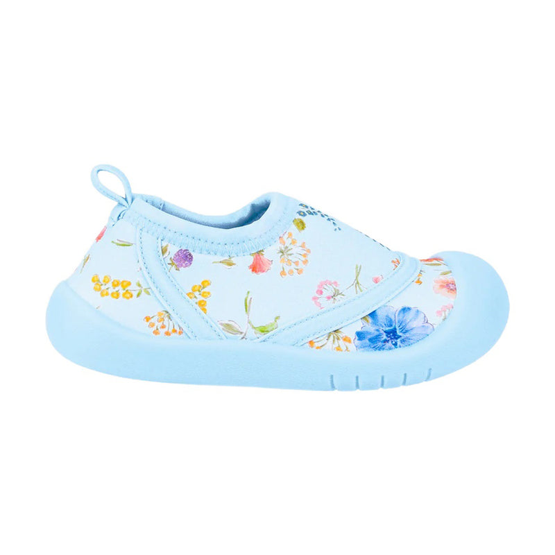 The Toshi Swim Baby Reef Booties Classic/Atlantis by Toshi are light blue neoprene slip-on toddler shoes with a rubber sole and toe, a colorful floral pattern, and heel pull tab—perfect for comfy little feet on the go.