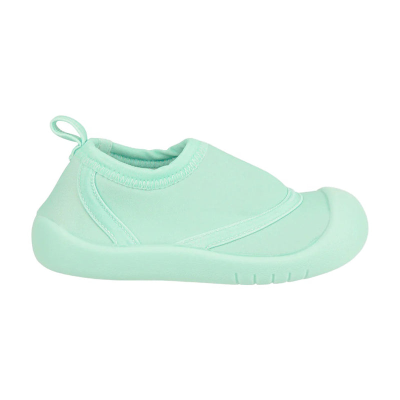 The Toshi Swim Baby Reef Booties Solid/Sage by Toshi are light turquoise neoprene slip-ons with a rounded toe, elastic ankle, pull tab, and flexible sole for comfort and easy wear.