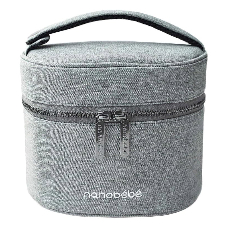 The Nanobebe Breastmilk Double Cooler Bag is a gray, cylindrical cooler with a top handle, double zipper, and "nanobébé" logo—ideal for keeping bottles cool when traveling.
