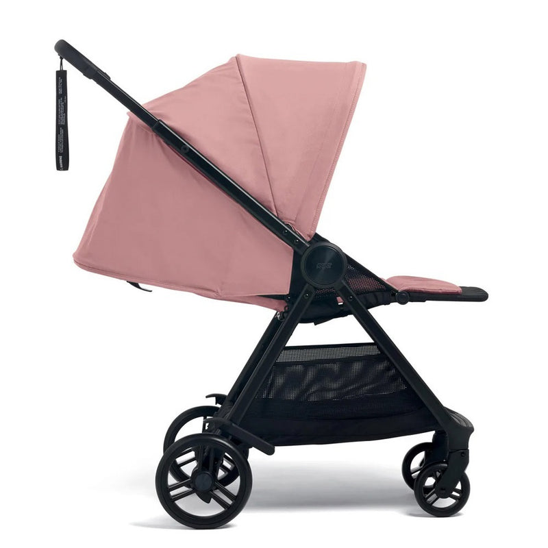 The Mamas & Papas Libro Pram Peony is a pink lightweight stroller with a black frame, four wheels, storage basket, ultra-slim fold, and wrist strap—perfect for your growing toddler.