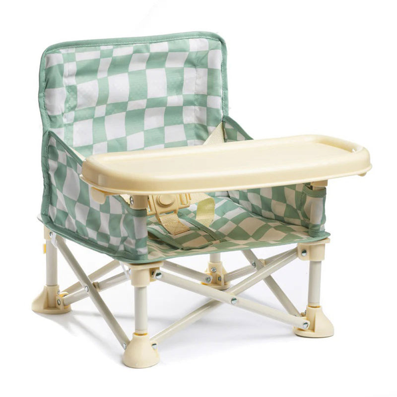 The IZIMINI Parker Baby Chair V2 is a portable booster seat with green and white checkered fabric, a beige tray, and sturdy metal legs—crafted for young children. A trusted baby seat Australia parents love for safety and convenience.