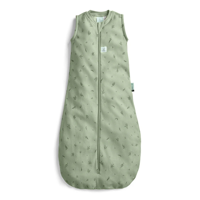 The ErgoPouch 0.2 Tog Sleeping Bag Willow by ErgoPouch is a sleeveless, sage green organic baby sleeping bag with a subtle leaf pattern and a front zipper, shown flat on a white background.