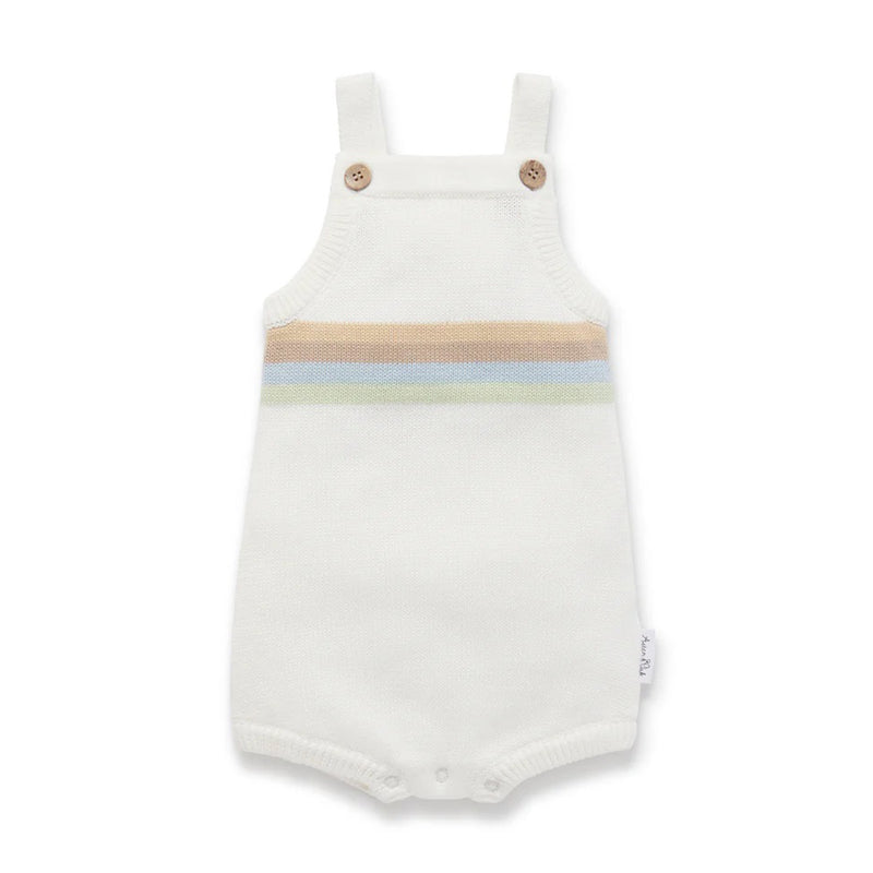The Aster & Oak Sage Rainbow Knit Romper features white organic cotton, wooden shoulder buttons, and tan, blue, and light green stripes—ideal for ethical baby clothing lovers.