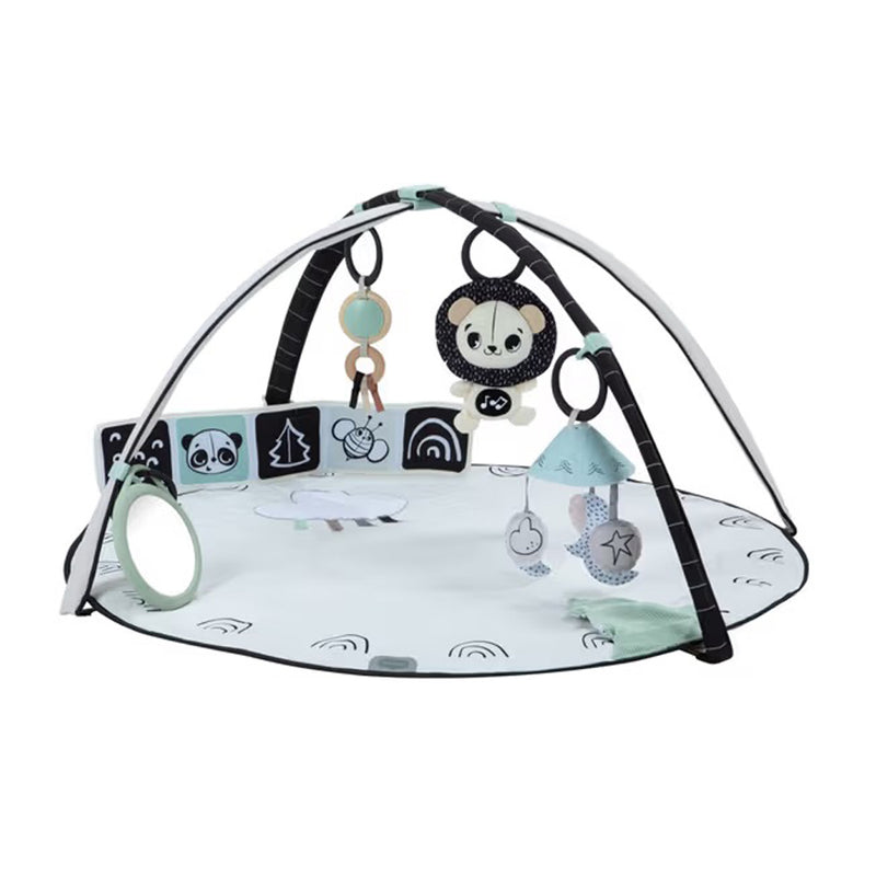 The Tiny Love Black & White Decor Developmental Gymini features a soft round playmat, two crossing arches, and hanging toys like a lion, cloud, and rattle—perfect for supporting your baby’s sensory and motor development.