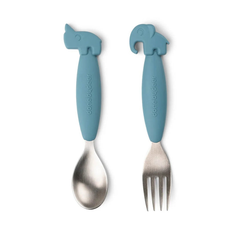 The Done By Deer Easy-Grip Spoon And Fork Set Deer Friends Blue features blue silicone anti-slip handles with elephant designs and stainless steel utensils engraved with "done by deer," ideal for toddler self-feeding.
