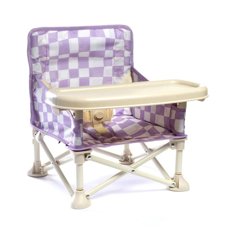 The IZIMINI Ava Baby Chair V2 features a foldable design, purple and white checkered fabric, beige tray, and safety straps—ensuring young children sit safely at the table. Perfect for families across Australia.