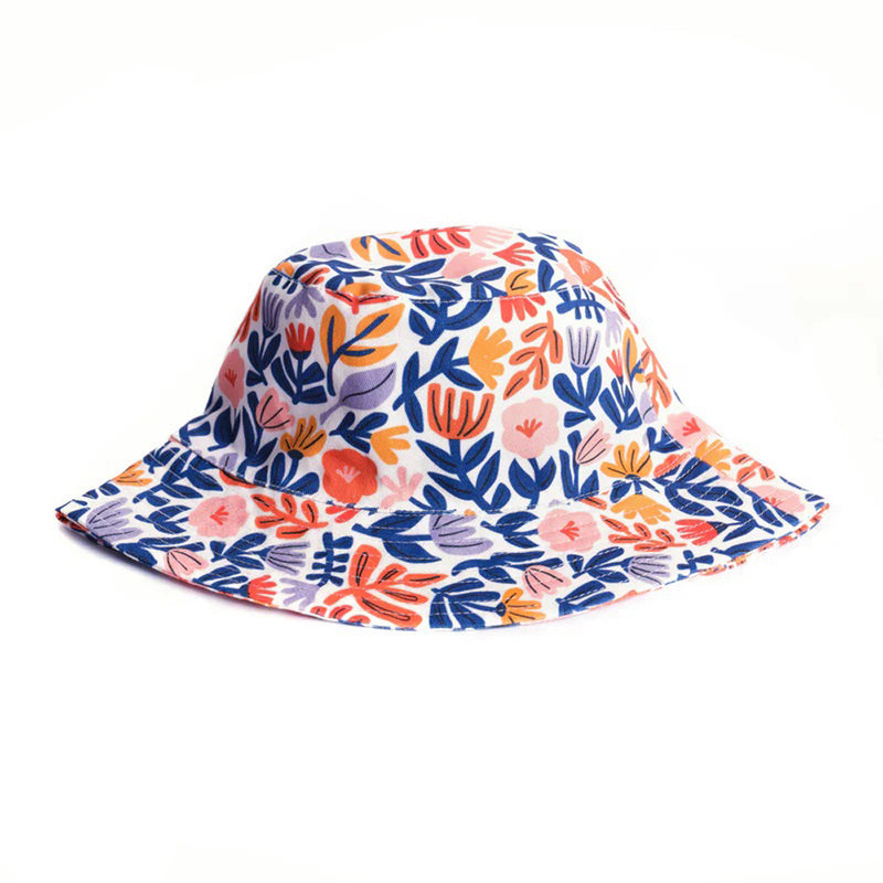 The IZIMINI Willow Baby Cotton Hat features a wide brim and breathable cotton with a colorful floral print of blue, orange, pink, and red flowers on white—ideal toddler sun protection.
