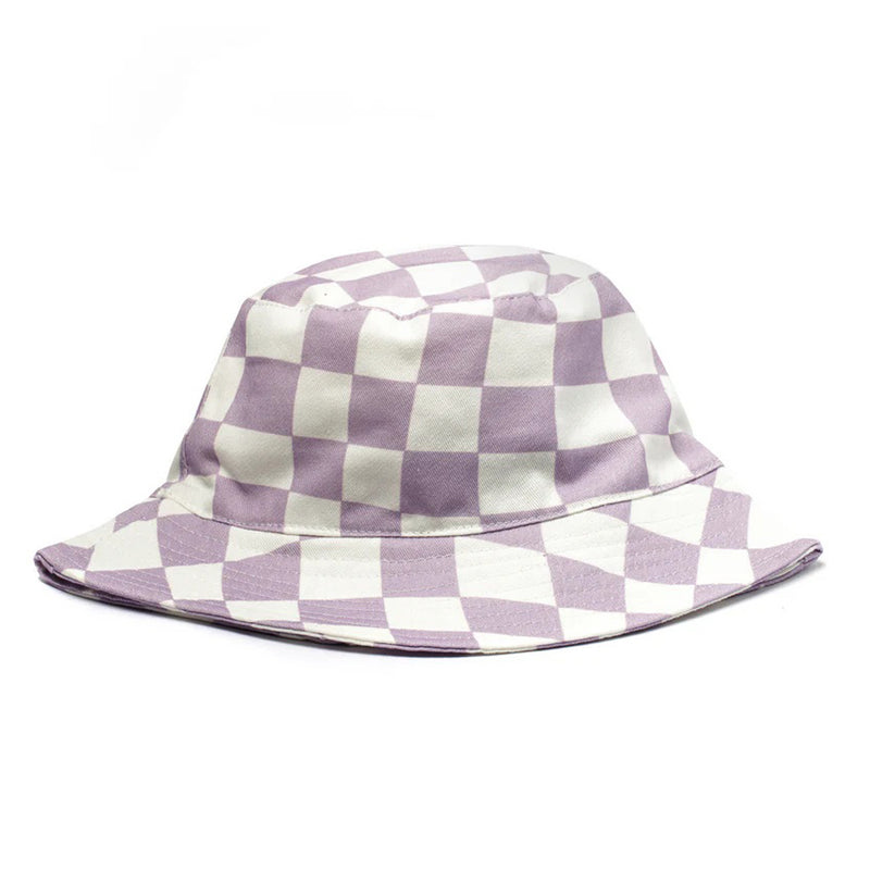 The IZIMINI Ava Baby Cotton Hat by IZIMINI features a lilac and white checkerboard design, made from breathable cotton—the perfect sun hat for babies—shown on a plain white background.