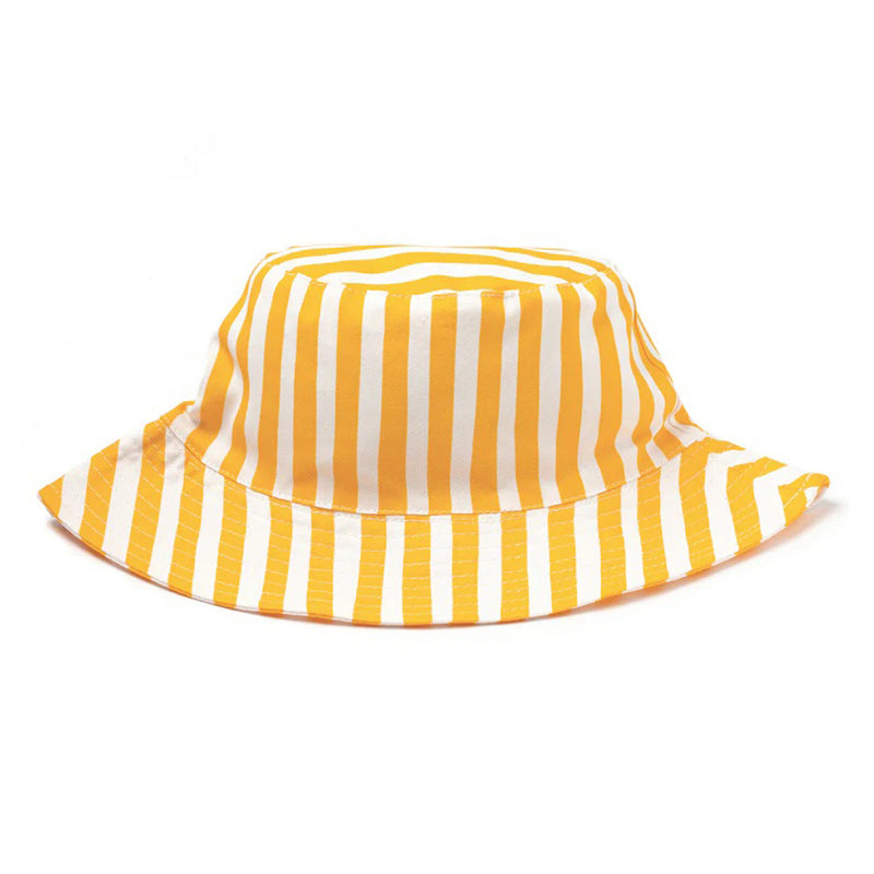 The IZIMINI Brighton Baby Cotton Hat by IZIMINI is a yellow and white striped sun hat featuring wide vertical and horizontal stripes on the brim. Made from breathable cotton, it provides comfortable style and great sun protection for babies.