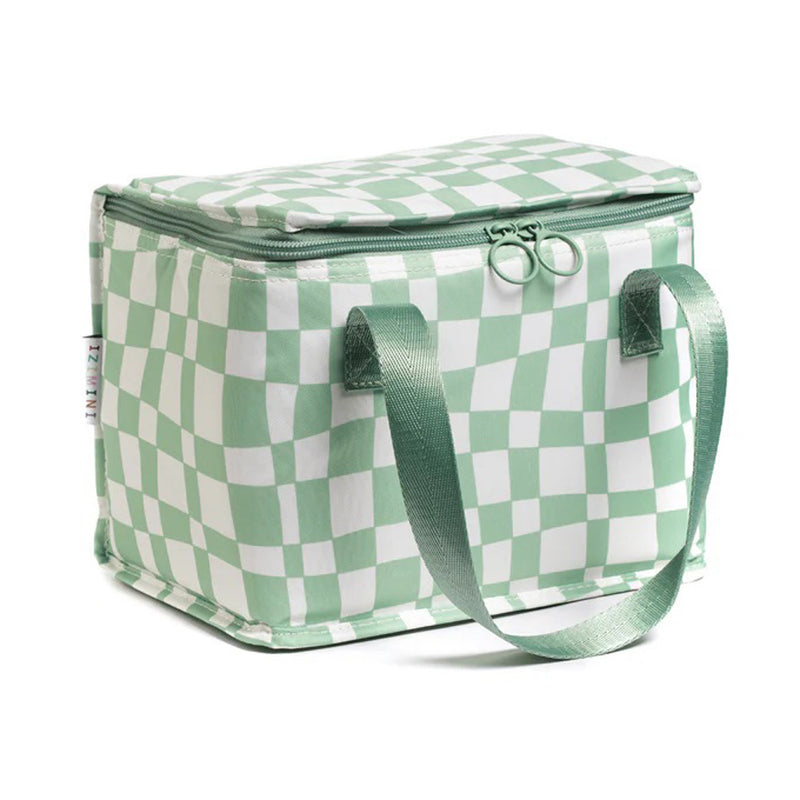 The IZIMINI Parker Lunch Bag by IZIMINI is BPA free and insulated, featuring a green and white checkered design, sturdy green handles, and a secure zippered top—ideal as a kids lunch bag for school or outings.