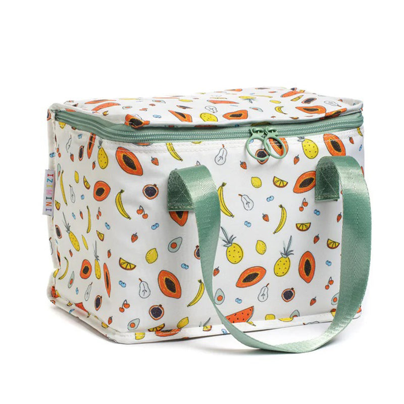 The IZIMINI Clementine Lunch Bag by IZIMINI is a BPA-free, rectangular insulated bag with green handles and a zipper. The white bag features colorful fruit illustrations like bananas, pineapples, papayas, watermelons, and blueberries.