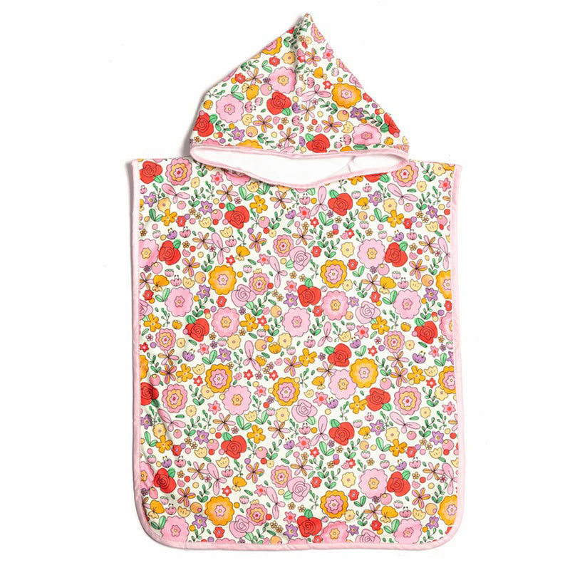 The IZIMINI Paloma Beach Poncho is a sand-resistant baby towel featuring a colorful floral print in pink, yellow, red, and green on white, with a matching pointed hood and light pink trim. Brand: IZIMINI.