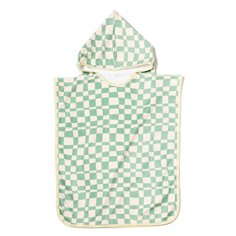 The IZIMINI Parker Beach Poncho by IZIMINI is a sand-resistant baby poncho with a green and white checkered pattern and cream trim, displayed flat on a white background.