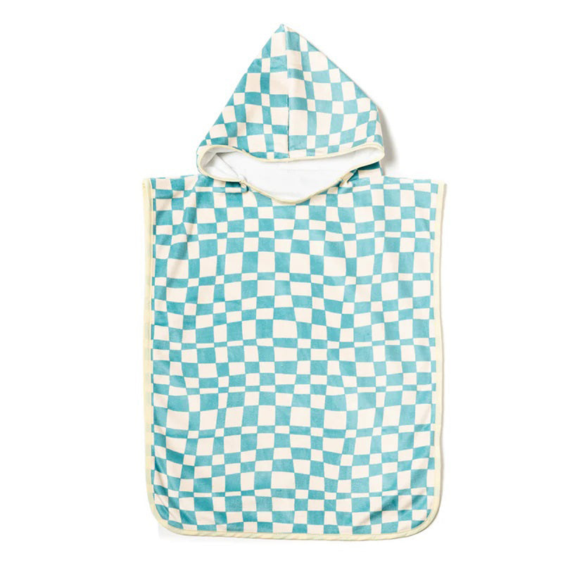 The IZIMINI Harper Beach Poncho is a sand-resistant, hooded towel with a turquoise and white wavy checkerboard pattern and cream trim, shown laid flat on a white background.