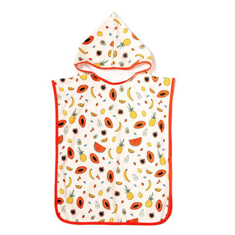 The IZIMINI Clementine Beach Poncho is a sand-resistant hooded towel for babies, featuring colorful fruit prints—papaya, watermelon, banana, pineapple, cherries, and lemon—and a bright orange-red trim for extra style.