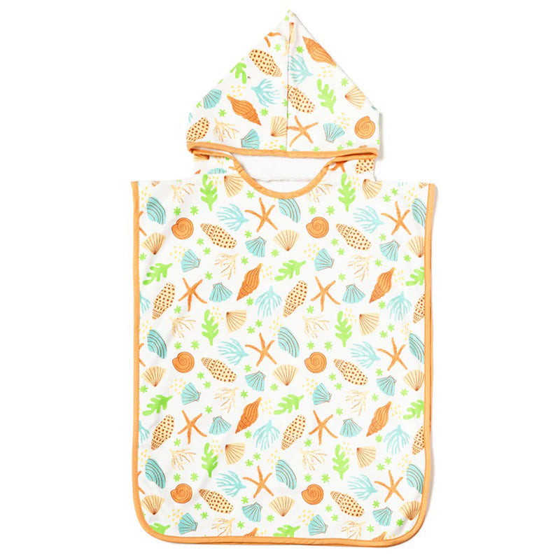 The IZIMINI Sailor Beach Poncho is a cosy microfibre hooded towel with orange trim, featuring a sea-themed print with starfish, seashells, and seaweed in orange, blue, and green for extra warmth.
