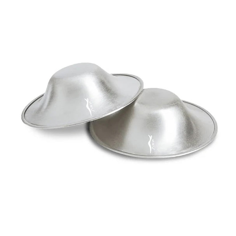 Two metallic silver breast-shaped domes with flat rims, overlapping on a white background. These are SRC Relief Superior Silver Nursing Cups by SRC Health, designed for nipple care to support breastfeeding mothers.