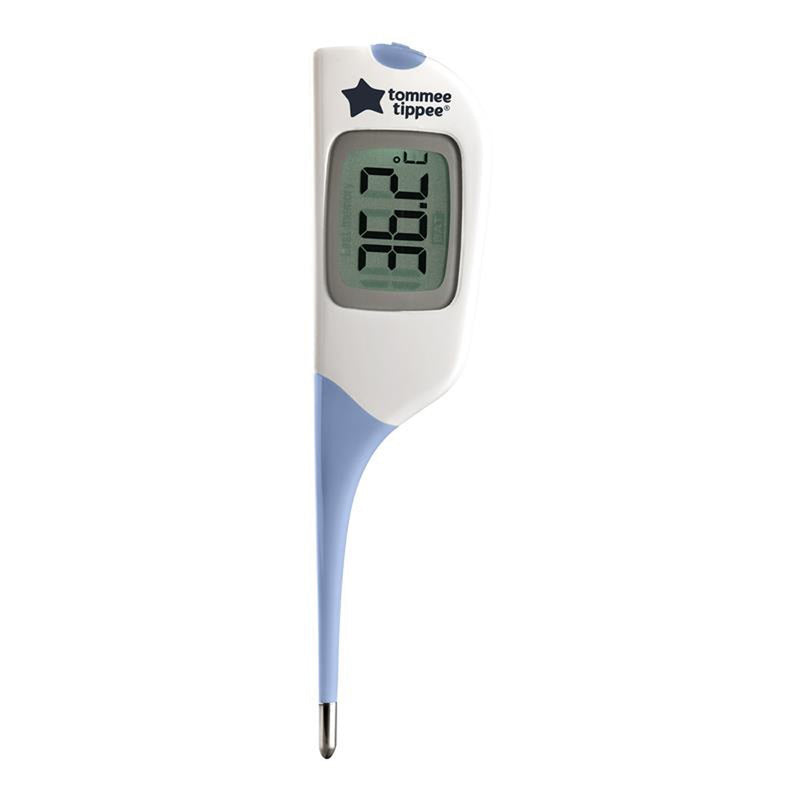 The Tommee Tippee Pen Digital Thermometer Manz, with a blue and white body, shows an accurate 36.2°C reading on its display. The Tommee Tippee brand above the screen makes it ideal for parents as a baby thermometer.